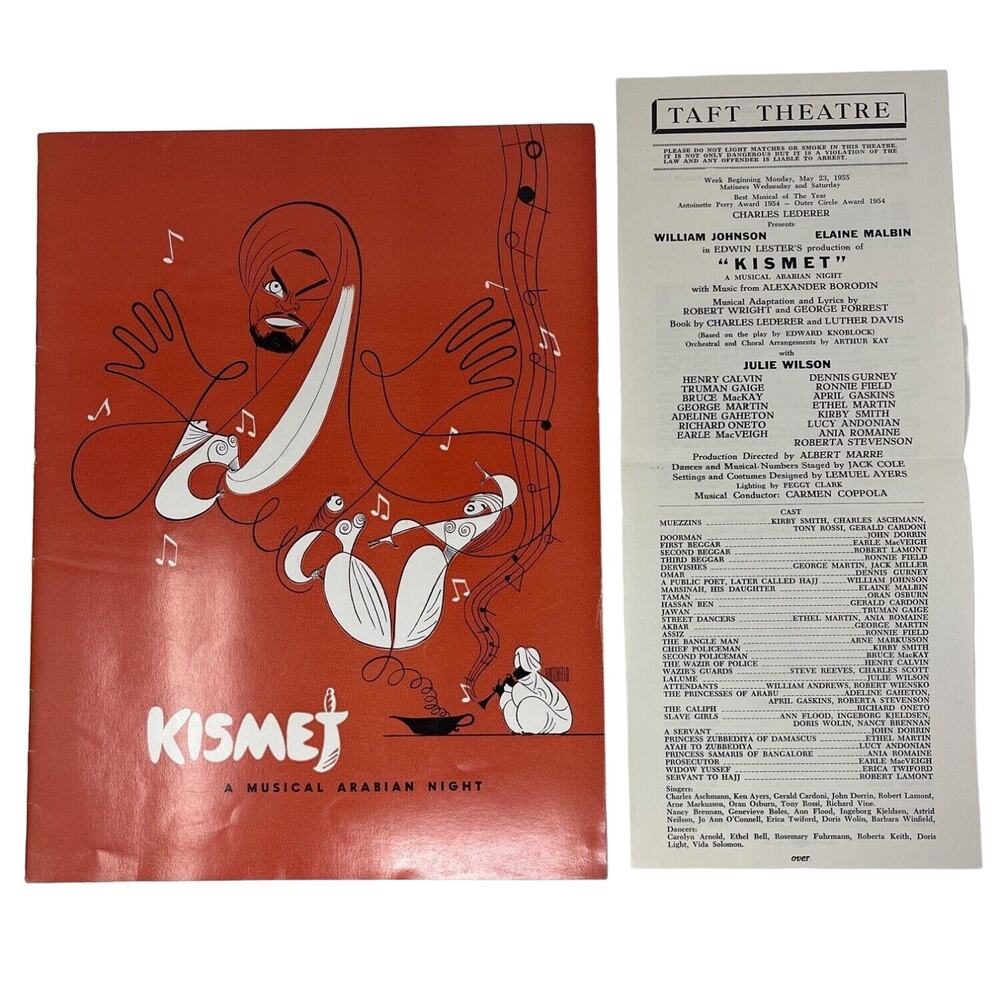 1955 Kismet Playbill and Program Taft Theatre‎ Edwin Lester Julie Wilson